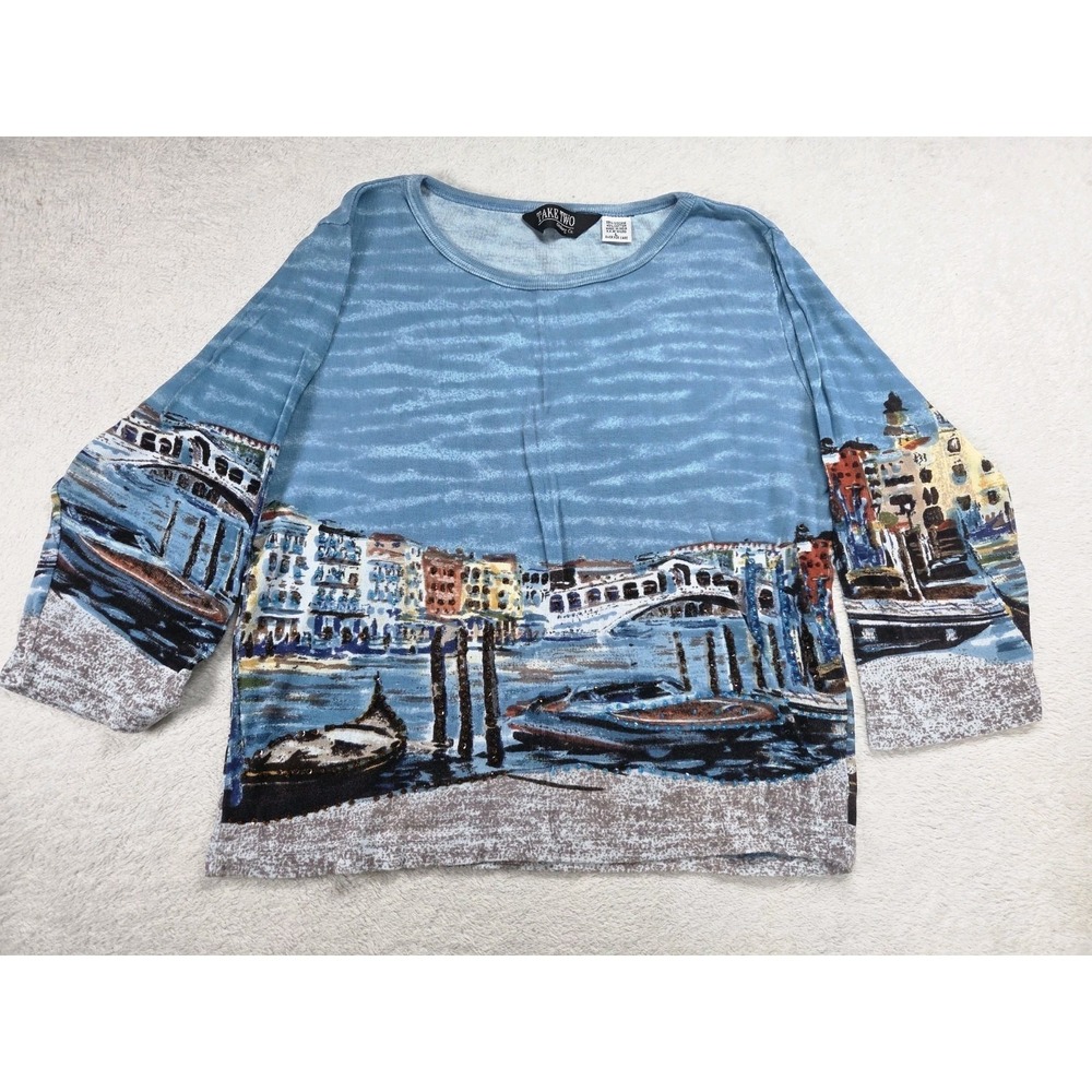Take Two Womens Large Venice Italy Harbor Print Knit Shirt Beaded Art Top